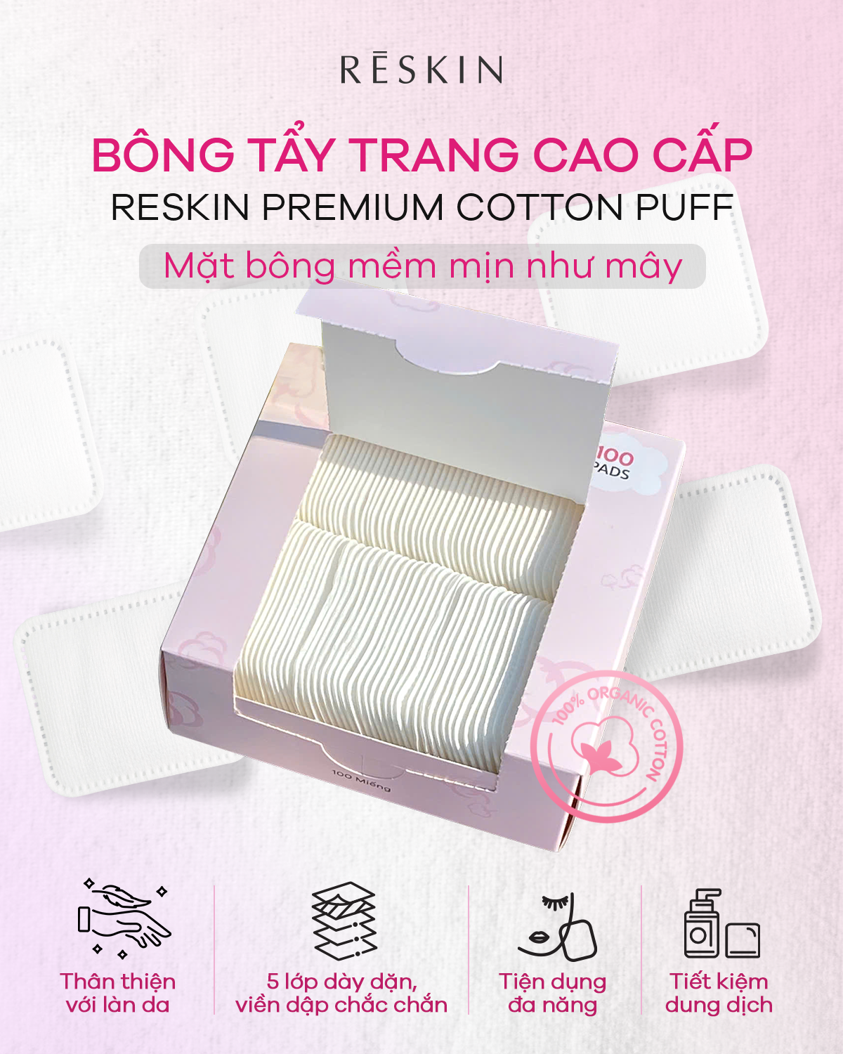 Bông tẩy trang đa năng 100% Cotton phiên bản nâng cấp Reskin Premium Puff (100 miếng) - Image 2