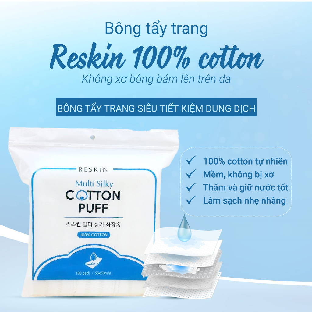 Bông Tẩy Trang Reskin Vuông 180 Miếng 100% Cotton Không Sơ Bông - Image 2
