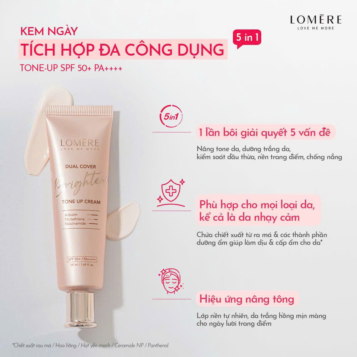 Kem ngày nâng tone LOMERE Duel Cover Brightening Tone-UP Cream SPF50+/ PA+++ 50ml - Image 6